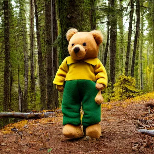 Prompt: a photo of a cute and happy brown teddy bear toy, with green pants and yellow jacket, toy clothes, enjoying a stroll in the forest, telephoto, 5d mk2