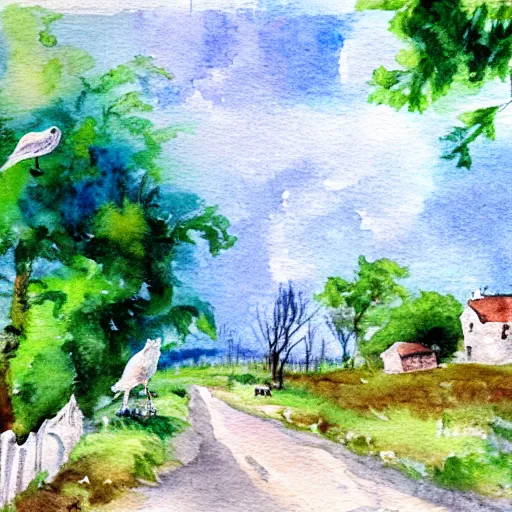 Prompt: old english country road, watercolor, soft lighting, small birds pecking on road