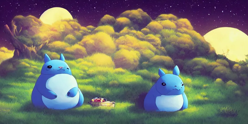 Image similar to glowing snorlax and totoro doing a picnic, mountain landscape, night sky, digital art, digital painting, celestial, majestic, colorful