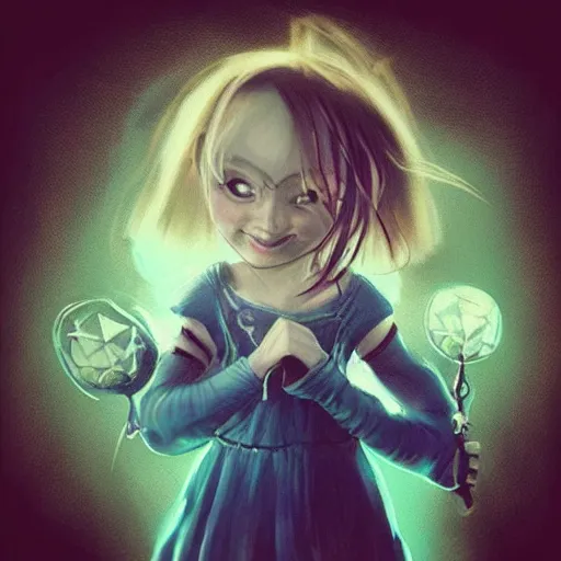 Prompt: “Little girl sorceress, insane with power, malicious smile, close-up”