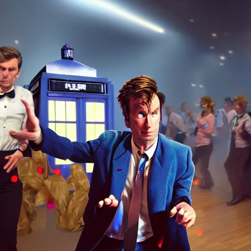 Image similar to the tenth Doctor Who at a polka dancing contest at the YMCA gym, everyone in the background cheering him on, the Tardis door is open, cgsociety, artstation, UE5, 8K, 4K