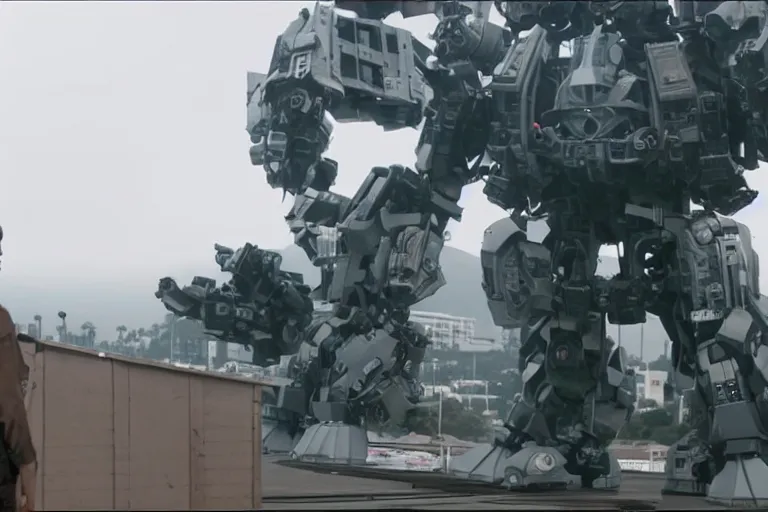 Image similar to cinematography of giant Mech on Santa Monica peer By Emmanuel Lubezki