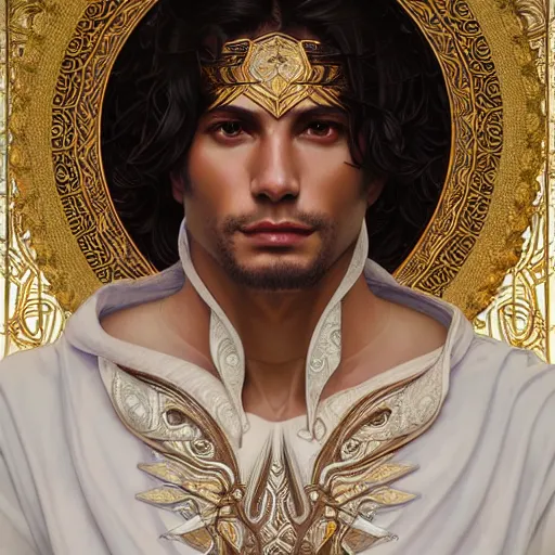 Image similar to Peruvian male god wearing a white perizoma, intricate, elegant, highly detailed, digital painting, artstation, concept art, smooth art, sharp focus, illustration, art by artgerm and greg rutkowski and alphonse mucha and loish and WLOP