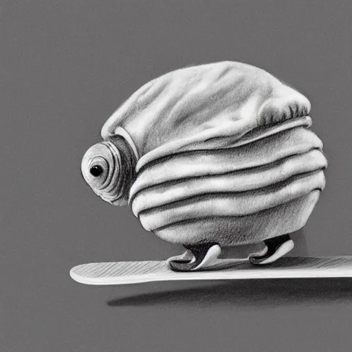 Image similar to pencil drawing of a tardigrade on a skateboard