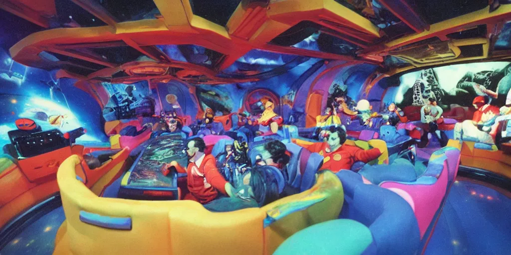 Image similar to 1990s photo of inside the Space Sofa ride at Universal Studios in Orlando, Florida, riding the flying sofa through space , cinematic, UHD