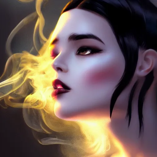 Prompt: woman with black hair, backlit smoke, hard light, cinematic lighting, high detail, made by artgerm, trending on artstation, sharp focus, smooth