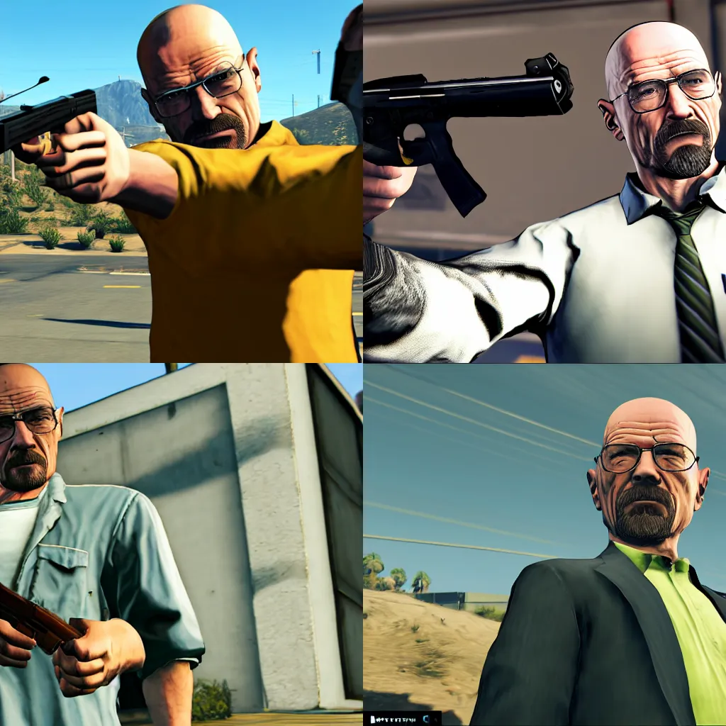 Prompt: walter white pointing a gun in GTA 5 loading screen, 4k,