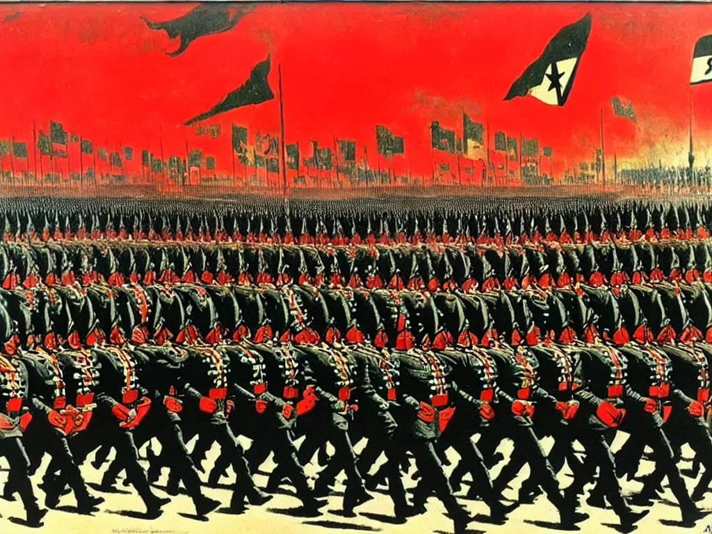 Prompt: army parade glorious march, futuristic alternate timeline, anarcho - communist hordes, red and black flags, art by max ernst, cnt spanish civil war era propaganda