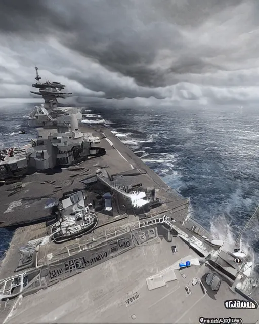 Prompt: view from an aircraft carrier of stormy seas, stormy weather, unreal engine, 3D digital art, ultrawide shot, 16mm lens