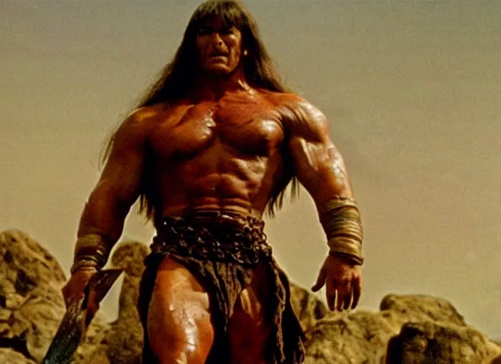 Prompt: still of muscular gigachad in conan the barbarian directed by frank frazetta, high resolution