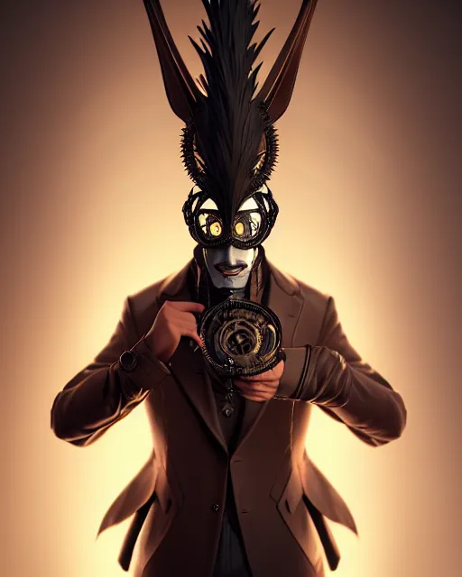 Image similar to male portrait, handsome, steampunk mask, detailed spike hair, intricate detective coat, complex 3 d render by ilya kuvshinov, peter mohrbacher, greg rutkowski, ryohei hase, dramatic lighting, intricate, highly detailed, sharp focus, luminous, unreal engine, blender, deviant art, artstation, masterpiece, ray tracing