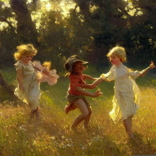 Image similar to detailed wide shot of children playing in the field, spring light, painting by gaston bussiere, craig mullins, j. c. leyendecker