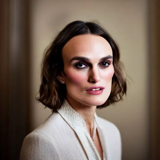 Prompt: portrait photo of president kiera knightley, photo by pete souza, sony 8 5 mm f / 1. 4