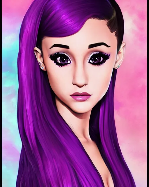 Prompt: beautiful Ariana Grande purple-hair tattoos symmetrical face stunning eyes full length fantasy art icon, 2d art gta5 cover, official fanart behance hd artstation