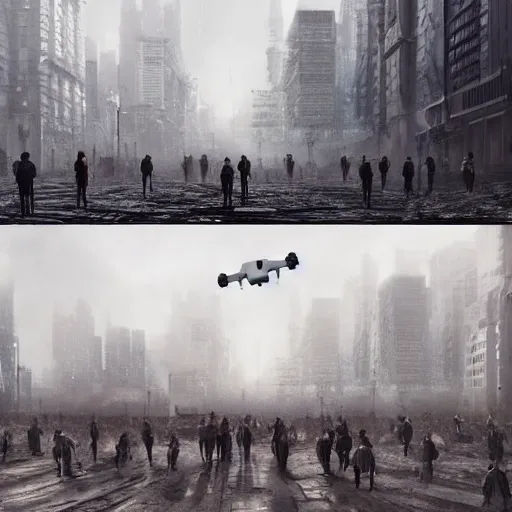 Image similar to hordes of drone-like people aimlessly walking around a depressing dystopian cityscape , trending on artststion, hyper realistic, surreal, melancholic, 8k, upscaled