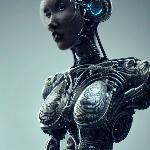 Image similar to portrait of a beautiful humanoid robot intricate mechanics, synthetic skin, futuristic ,octane render, 8k, dramatic lighting