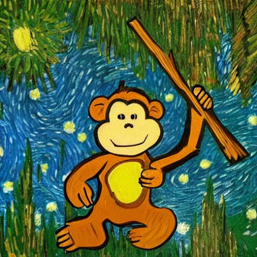 Prompt: monkey holding a stick, hitting a log, in the forest, in the style of Van Gogh