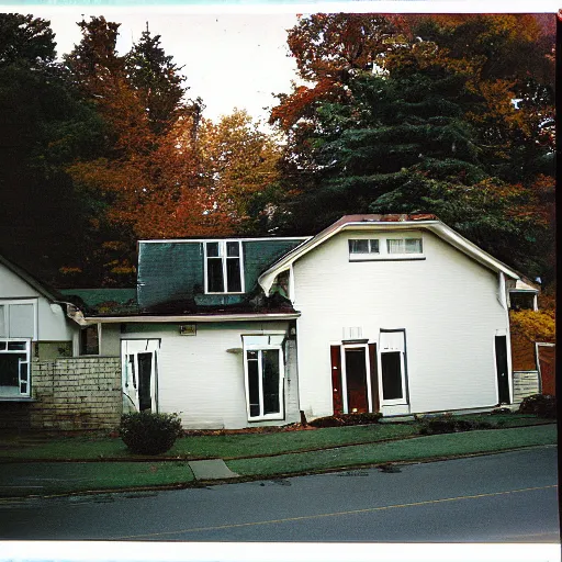 Prompt: a high flash photo of a suburban home from the street during autumn, 2 0 0 6, taken with a disposable camera