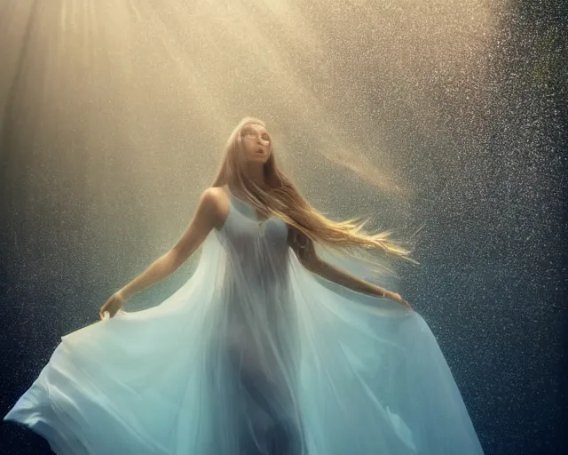 Image similar to beautiful female, full body, in long flowy dress, underwater, cinematic volumetric lighting, soft bokeh, glow, 8 k, by lexi laine, by wlop, by ross tran, fashion photography