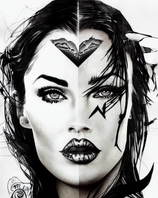 Prompt: tattoo sketch of megan fox face mash up with beautiful mountains, in the style of dan mountford, double exposure, hyper realistic, amazing detail, black and white