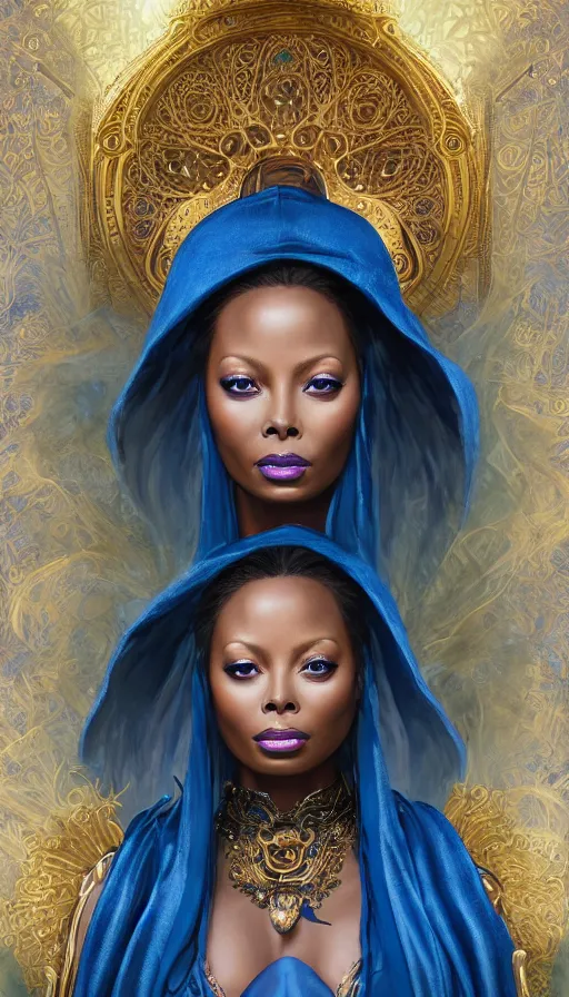 Prompt: eva marcille as a sorceress, passionate, seductive, sweaty, intricate dressed in ornate blue robes and staff, lovely, intricate, highly detailed, digital painting, artstation, concept art, smooth, karma sutra, sharp focus, illustration, unreal engine 5, 8 k, art by artgerm and greg rutkowski and alphonse mucha