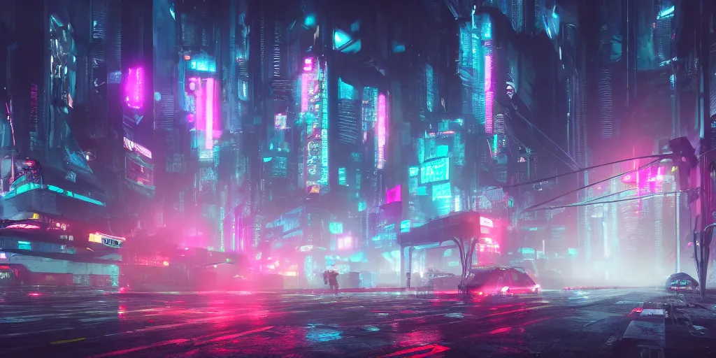 Prompt: i, a cyberpunk city, mist, rain, neon light, giant aircrafts, high definition, trending on artstation