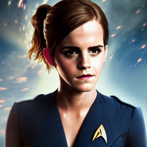 Image similar to a full body portrait of emma watson as a star fleet officer from star trek next generation, ultra rendered extreme realism and detail, 8 k, highly detailed, realistic, completely framed, hyper realistic, colorful, direct lighting, 3 5 mm photo, photorealistic, sharp focus