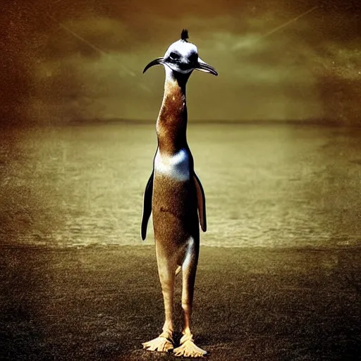 Image similar to a real photograph, full body shot, a hybrid mix between a penguin body, a giraffe neck, hyper detailed, photomanipulation, photoshop, unreal