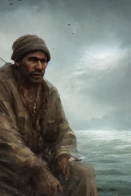 Image similar to Atlantis fisherman, close-up portrait, poor, intricate, elegant, volumetric lighting, scenery, digital painting, highly detailed, artstation, sharp focus, illustration, concept art,ruan jia, steve mccurry