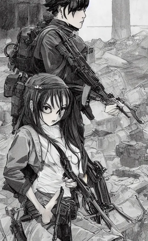 Prompt: manga style, from shonen jump, black inking, modern warfare, portrait of a girl under artillery fire, trench sandbags in background, soldier clothing, long hair, hair down, symmetrical facial features, comic page, trending pixiv, shadow patterns, by alphonse mucha, greg rutkowski, cushart kenz, sharp focus, backlit