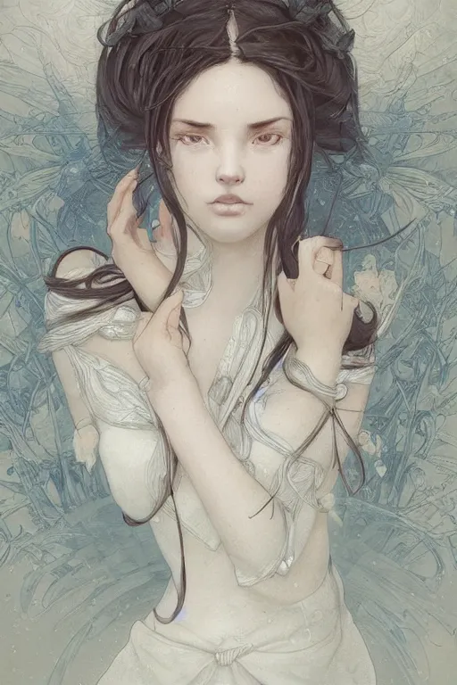 Image similar to character bust portrait, zero gravity floating in the wind, a seductive praying goddess in the style of artgerm, wlop, greg rutkowski, alphonse mucha and ayami kojima, realistic details, volumetric lighting, very very very very beautiful symmetrical face, trending on artstation, artstationhd, artstationhq, unreal engine, 4 k, 8 k