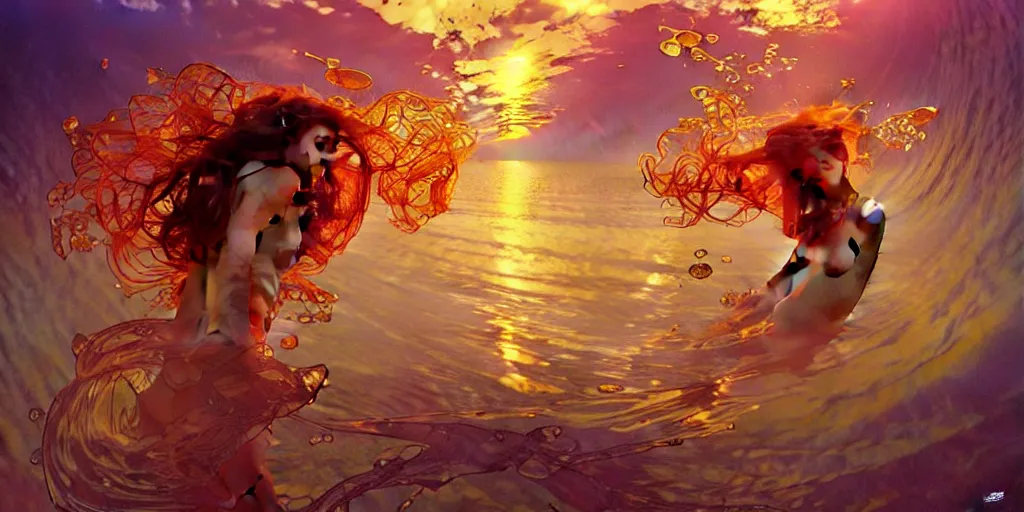 Image similar to mind bending ocean waves of glossy liquid honey drops flowing like psychedelic translucent amber, lsd waves, lsd ripples, backlit, sunset, refracted lighting, art by collier, albert aublet, krenz cushart, artem demura, alphonse mucha