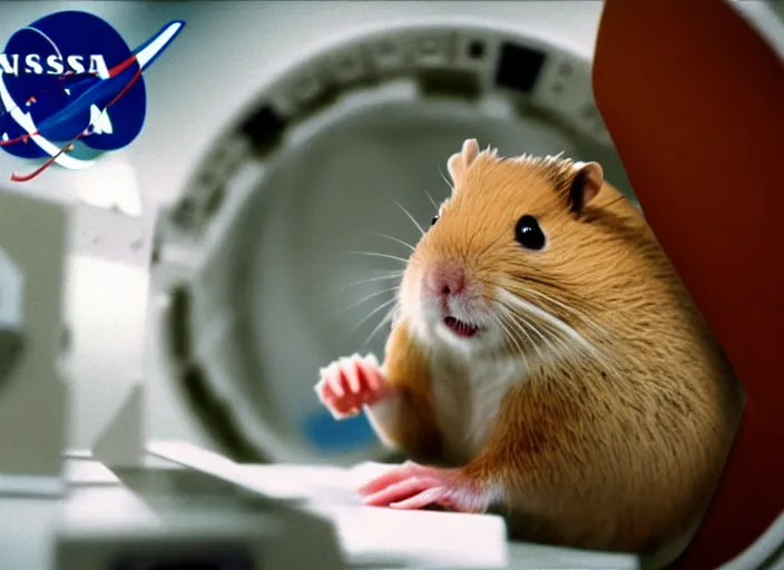 Image similar to film still of a hamster working for mission control at nasa, 8 k