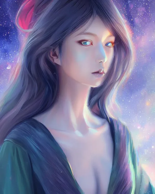 Image similar to A realistic anime portrait of a beautiful cosmic woman with glowing blue eyes and cosmic skin wearing clothes made of universes, digital painting, by Stanley Artgerm Lau, Sakimichan, WLOP and Rossdraws, digtial painting, trending on ArtStation, SFW version