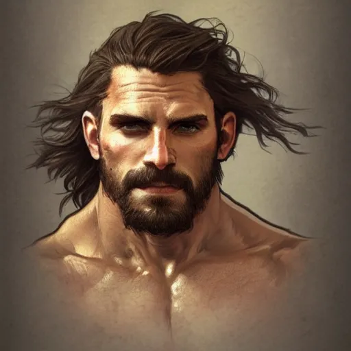 Image similar to portrait of a rugged ranger, muscular, upper body, hairy torso, D&D, fantasy, intricate, elegant, highly detailed, digital painting, artstation, concept art, smooth, sharp focus, illustration, art by alphonse mucha