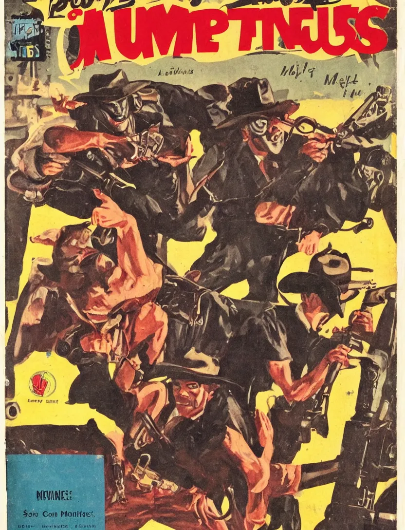 Prompt: 1950s pulp magazine featuring Hot Shots Megee a gunslinger cowboy who wears a Lone Ranger mask, detailed