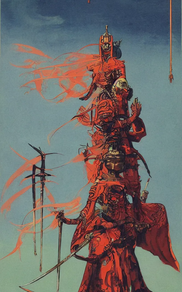 Image similar to on a strange vintage scifi planet, a samurai wizard warrior goddess with large sword, vintage scifi poster, winslow homer, moebius, roger dean, artstation