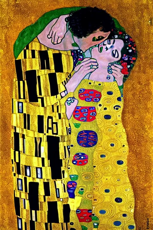 Image similar to gustav klimt the kiss with face of Nicolas Cage