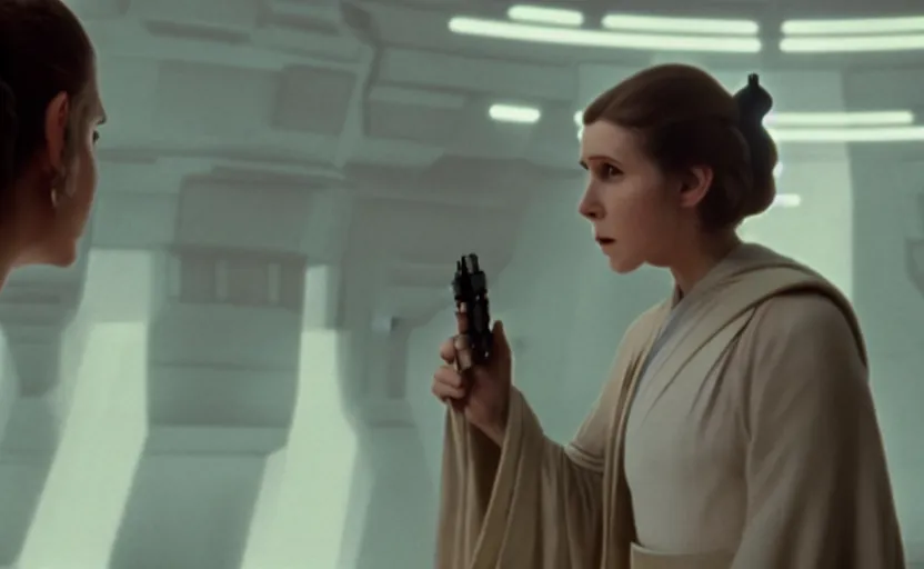 Image similar to screenshot portrait Leia learning the force at Jedi Temple scene from the last jedi, 1970s film by Stanley Kubrick, serene, iconic scene, stunning cinematography, hyper detailed, sharp, anamorphic lenses, kodak color film, 4k