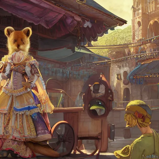 Image similar to character portrait of the capybara princess with gorgeous detailed eyes in the marketplace in the sky, color page, tankoban, 4 k, tone mapping, doll, akihiko yoshida, james jean andrei riabovitchev marc simonetti, yoshitaka amano, long hair, curly, greater capybara, giant cavy rodent, h. hydrochaeris