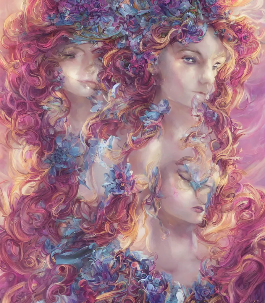 Image similar to a colorful and provenance portrait painting of the fantasy female who with floral wing, highly detailed, her hair made of hair made of air wind and curling smoke and genie, spirit fantasy concept art, art by the wings made of flowers, spirit fantasy concept art, art by aenami, alena, afshar, petros and leonid, trending on artstation.