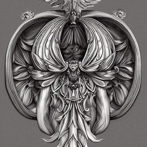 Prompt: beautiful decorative classical ornamental emblem, sacred hawk spirit, hawk wings, talons, fibonacci rhythms, lilies, petals, lily petals, acanthus scrolls, small medium and large elements, artgerm, trending on artstation, wlop, russ abbott, chiaroscuro, grayscale