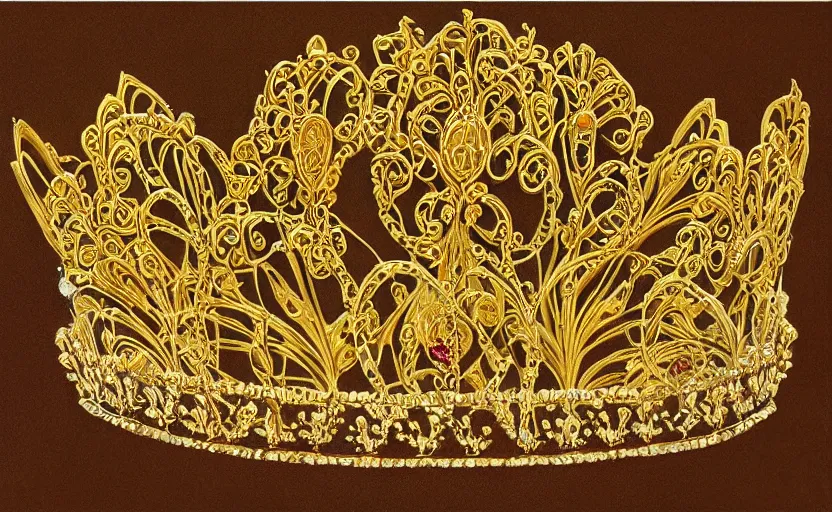 Image similar to ornate realistic symmetrical flower gold tiara painting art deco