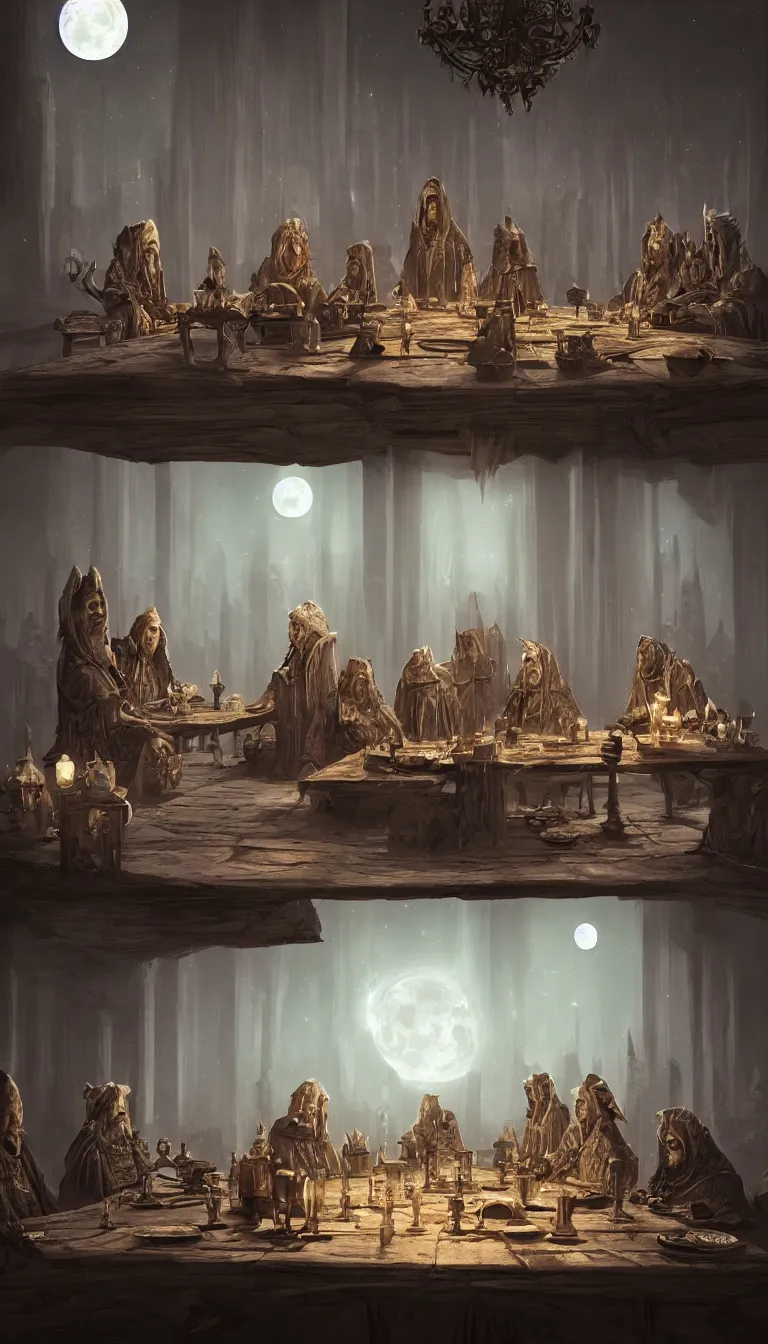 Image similar to A meeting of the council of elders, robed figures sat around a table, beautiful architecture, night time, stars visible, beautiful moon light, concept art, fantasy art, digital art by michal karcz, trending on artstation, highly detailed, 8k