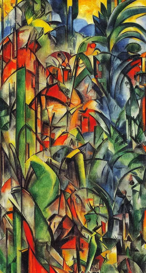 Image similar to on the street of abandoned town 2 people standing huddled together with spiny giant plants bursting through them, surreal, very coherent, intricate design, painting by Franz Marc