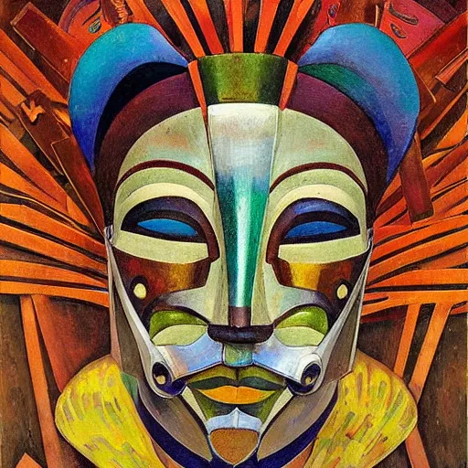 Prompt: head of a beautiful boy wearing a mask made of metal flowers, by diego rivera and john watkiss, art deco shaman, stylized geometric flowers, art brut, symbolist, dramatic lighting, god rays, iridescent beetles, clean crisp graphics, smooth sharp focus, extremely detailed, adolf wolfli
