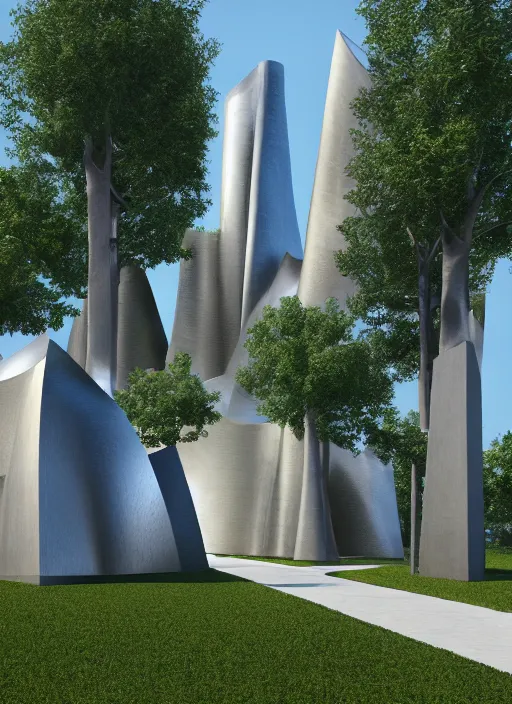 Image similar to highly detailed realistic architecture 3 d render of a futuristic stele monument in frank gehry style standing in city park, archdaily, made in unreal engine 4 octane render