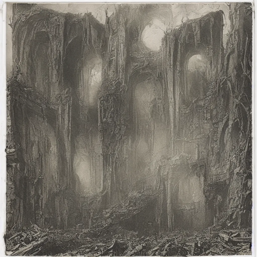 Prompt: old polaroid of a cloaked figure standing in the middle of an enormous and decaying maze, beautiful natural backlit, piranesi