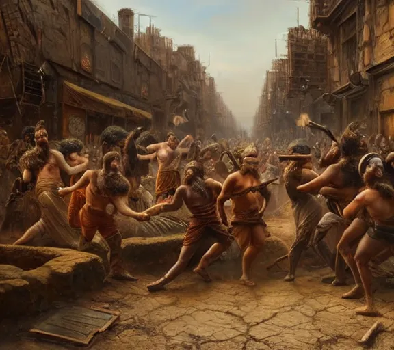 Image similar to an epic matte painting of podcasters, podcasters and YouTube streamers and TikTok stars fighting in the streets of an ancient during the bronze age collapse, soft lighting, very coherent, oil on canvas in the style of John grimshaw,