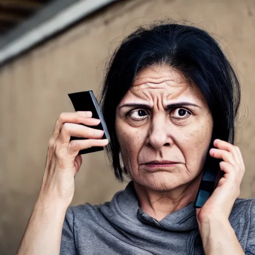 Prompt: astonished and angry middle aged lady looking at smartphone, unsure expression, greek ethnicity, thin face structure, uncombed straight grey black hair, angry eyes, photo, realistic, outdoor lighting, 4 k, 8 k, hd, 3 9 mm lens